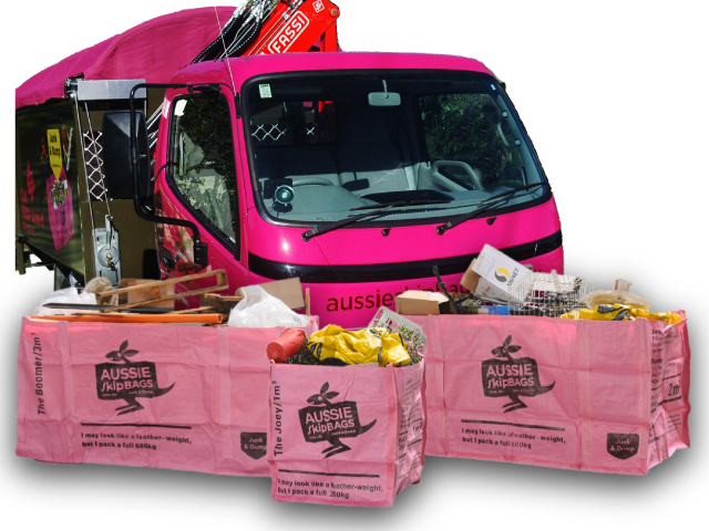 Aussie Skip Bags Ballarat image of one of our trucks with our range of pink bags